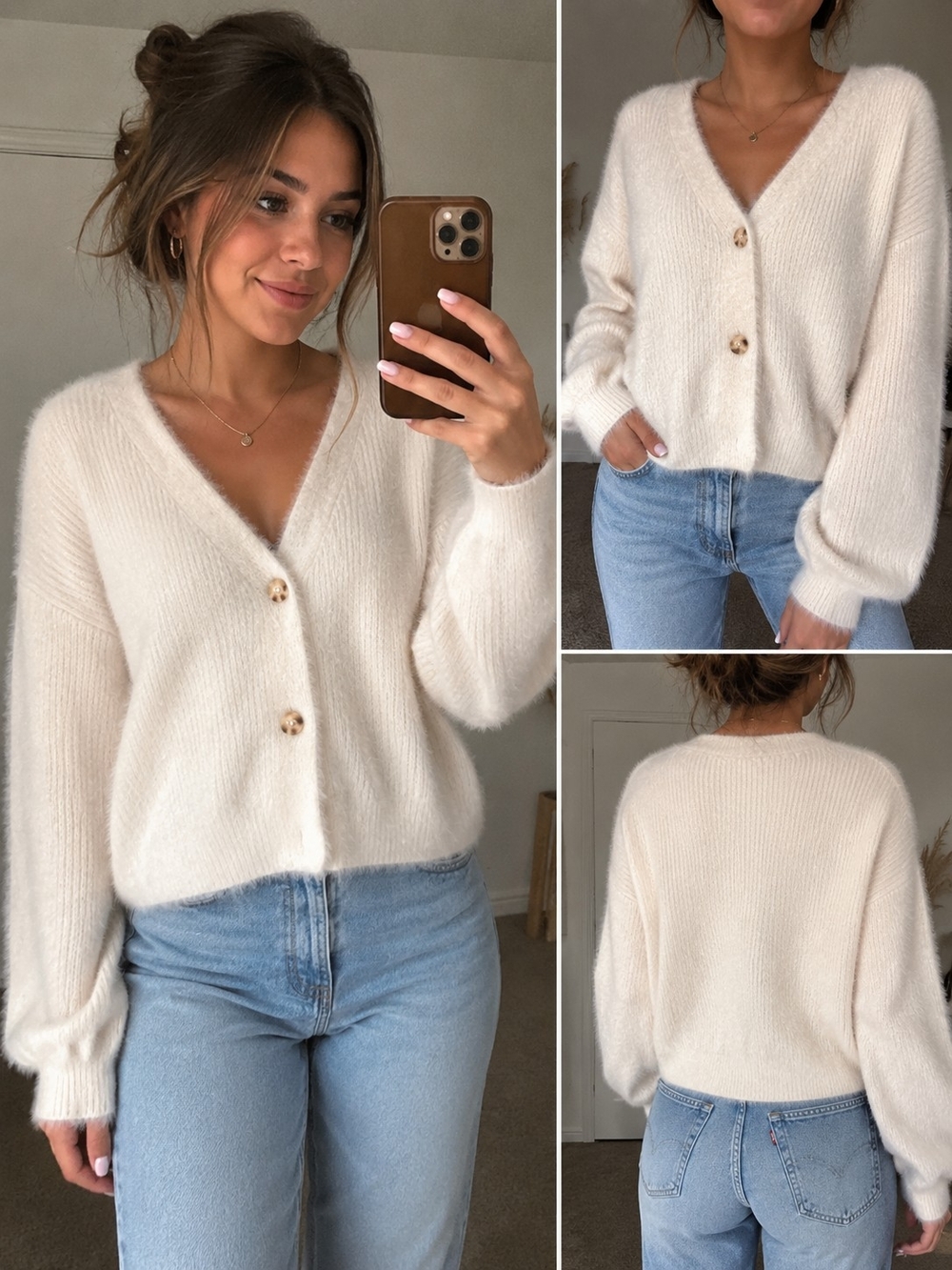 No Boundaries Cream V-Neck Button Front Cardigan